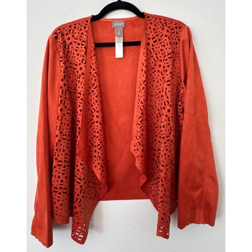 Chico’s Faux Suede Jacket Womens Size 2 Orange Open Front Laser Cut Lightweight